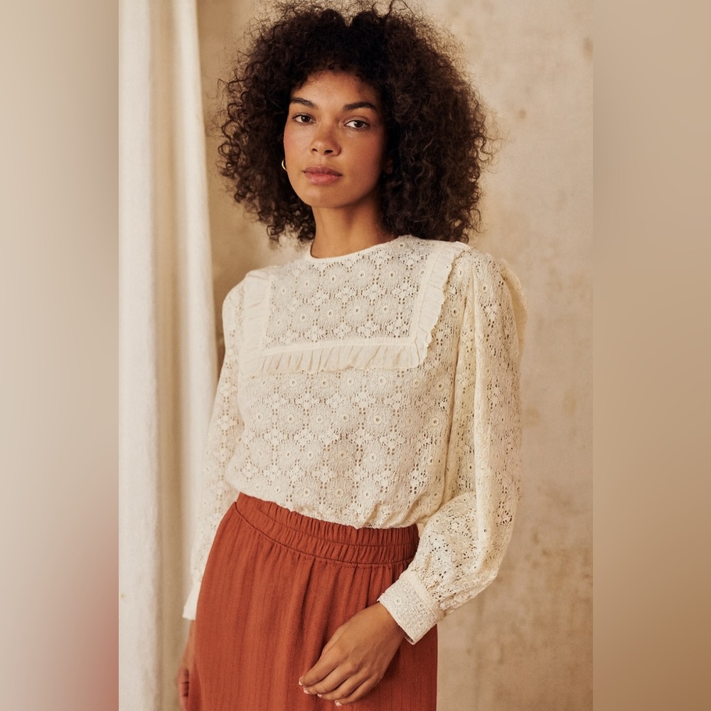 Comme des Garçons TAO Tricot Lace Ruffled Detail White Cotton Blouse Small